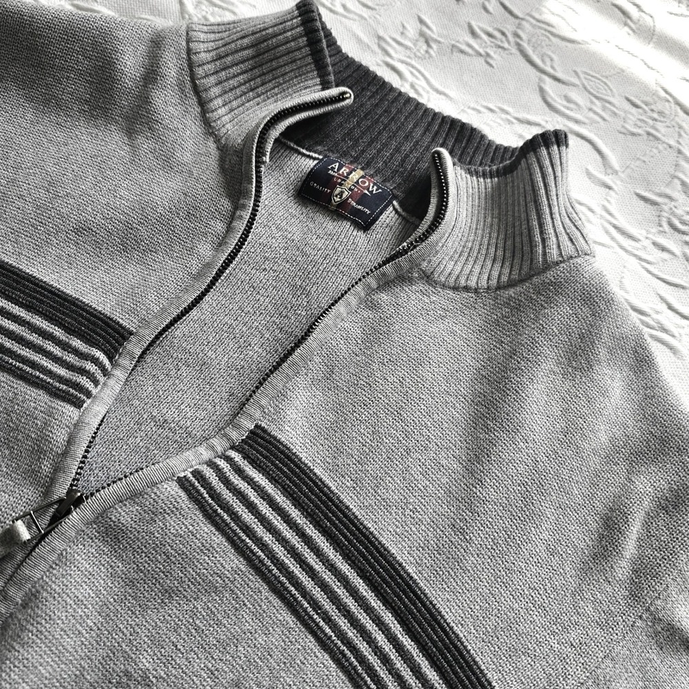 Arrow Mens Full Zip Cardigan Sweater Gray Striped Mock Neck Knit PC-772 L